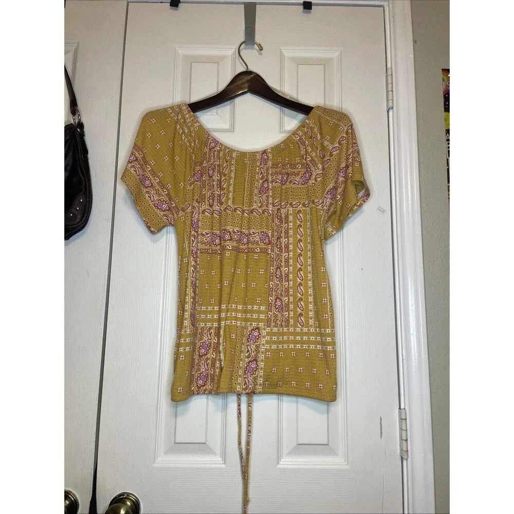 Como Blu Mustard Boho Peasant Blouse L Paisley Print Button Front Drawstring - Picture 8 of 8